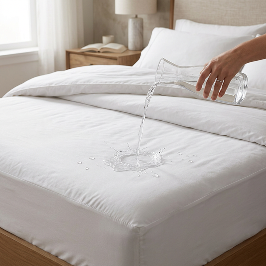Premium LuxeShield TENCEL™ mattress protector styled in a modern minimalist bedroom
