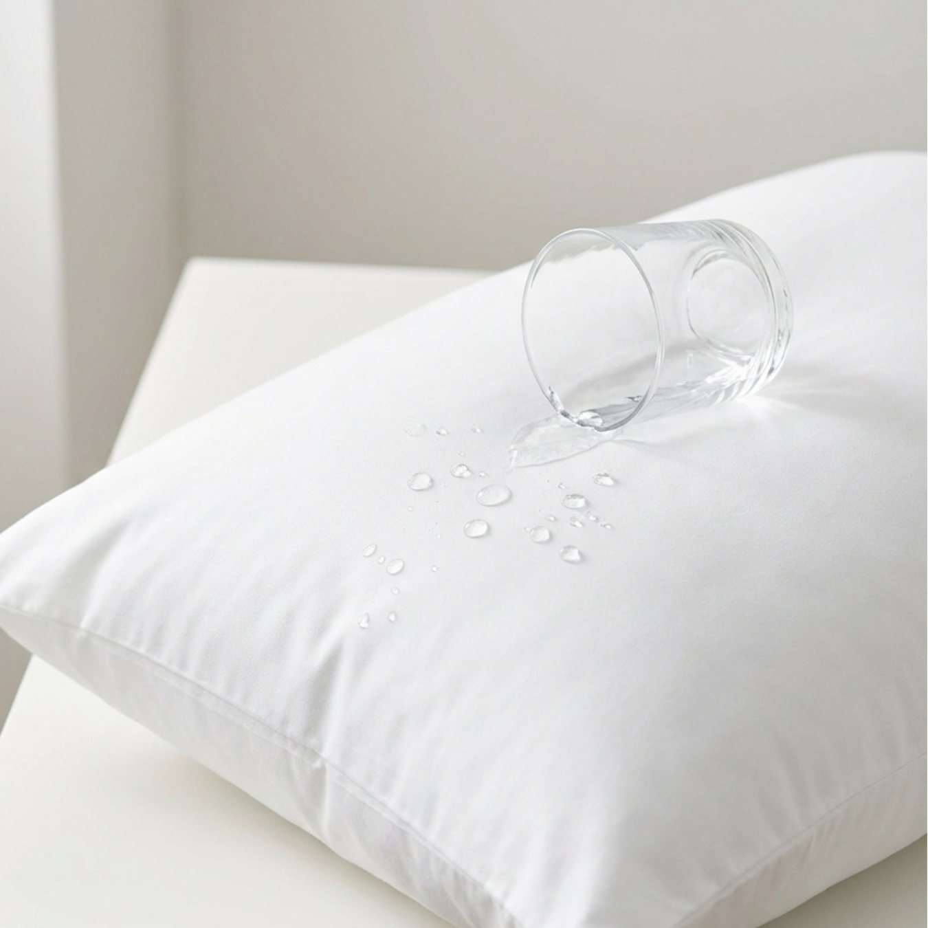 White waterproof pillow protector with soft TENCEL fabric, zippered closure, and breathable moisture-resistant barrier protecting a standard pillow from spills, sweat, and allergens.